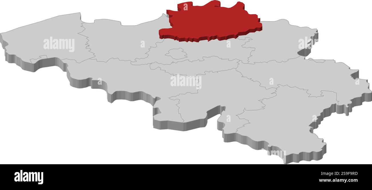 Carte de la Belgique comme une pièce grise., Anvers est surligné en rouge. Illustration de Vecteur