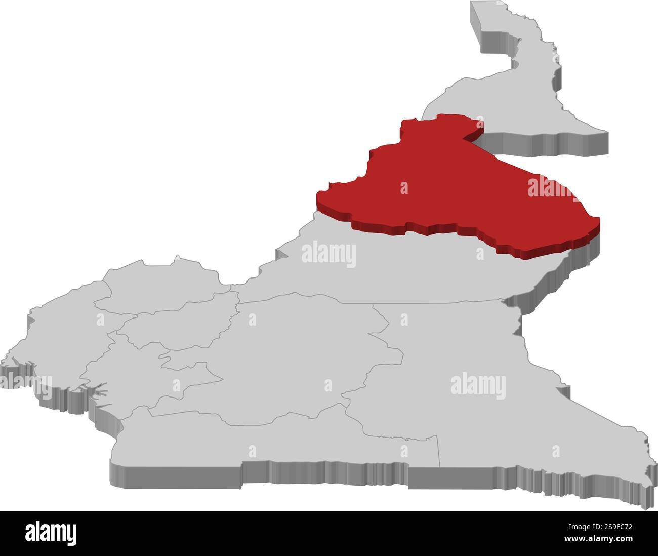 Carte du Cameroun en tant que pièce grise, le district du Nord est surligné en rouge. Illustration de Vecteur