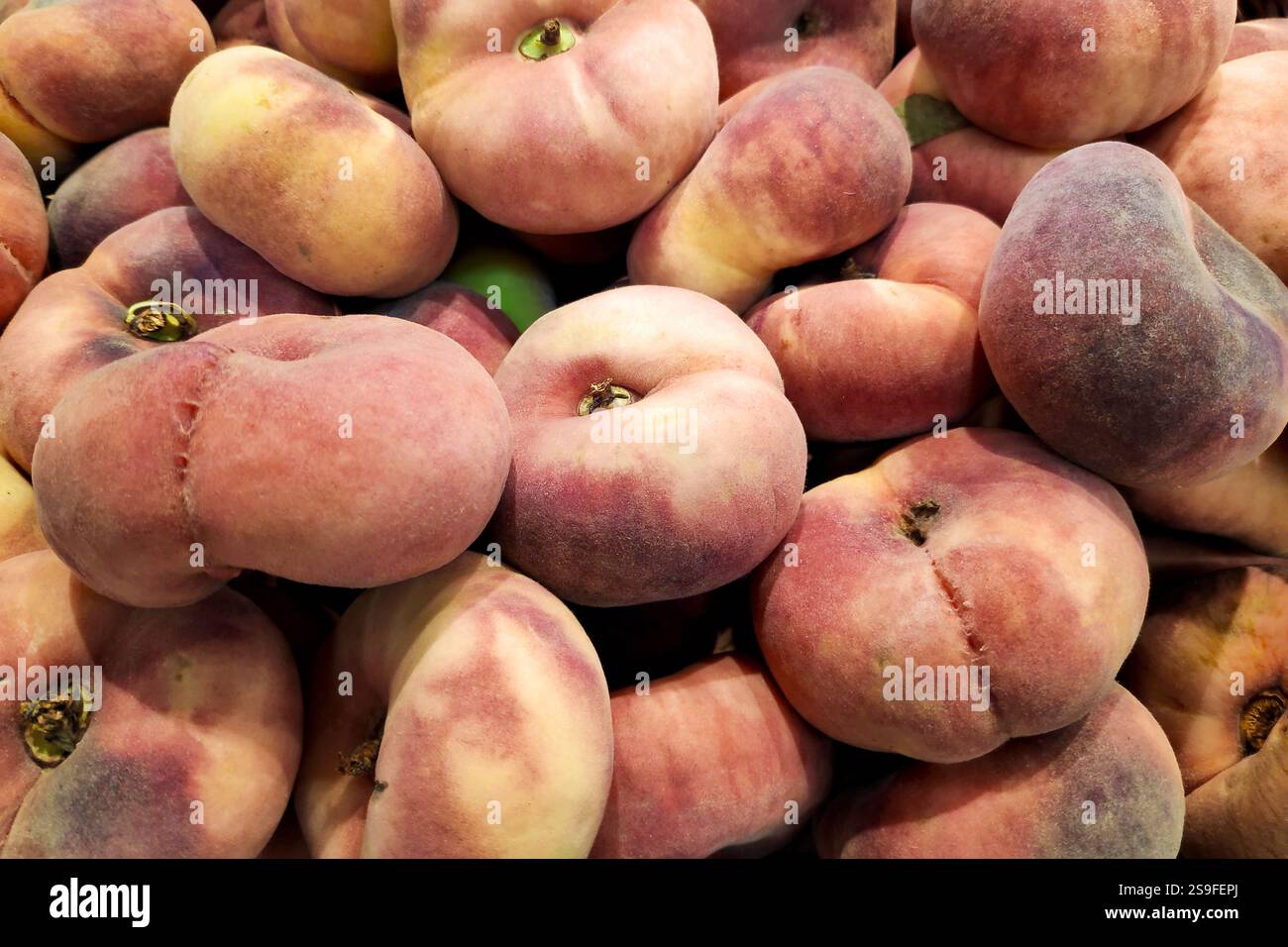 Plein cadre gros plan sur une pile de faitout tao (Flat Peach) à vendre sur un marché. Banque D'Images