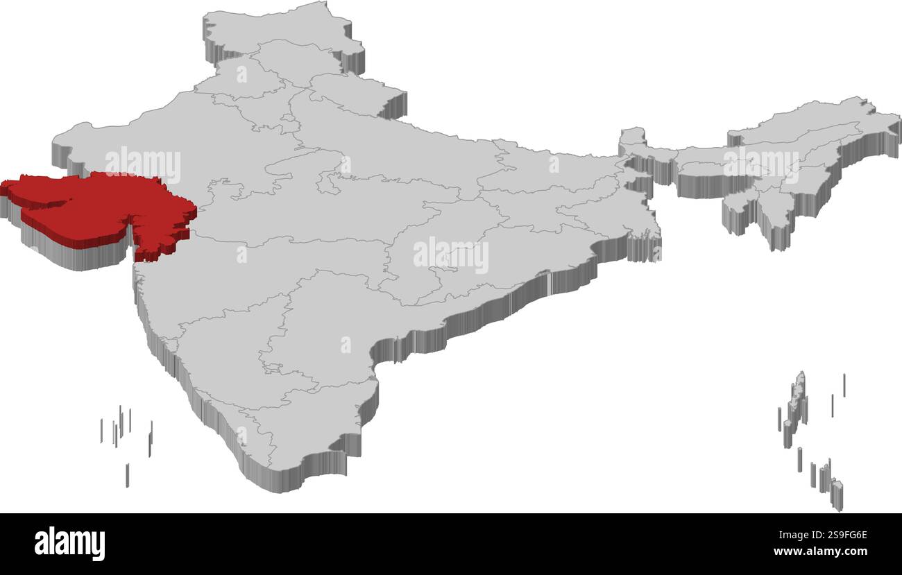 Carte de l'Inde comme une pièce grise., Gujarat est surligné en rouge. Illustration de Vecteur