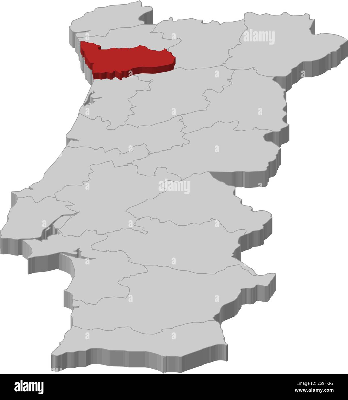 Carte du Portugal comme une pièce grise., Porto est surligné en rouge. Illustration de Vecteur