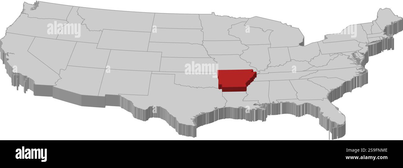Carte des États-Unis comme une pièce grise., Arkansas est surligné en rouge. Illustration de Vecteur
