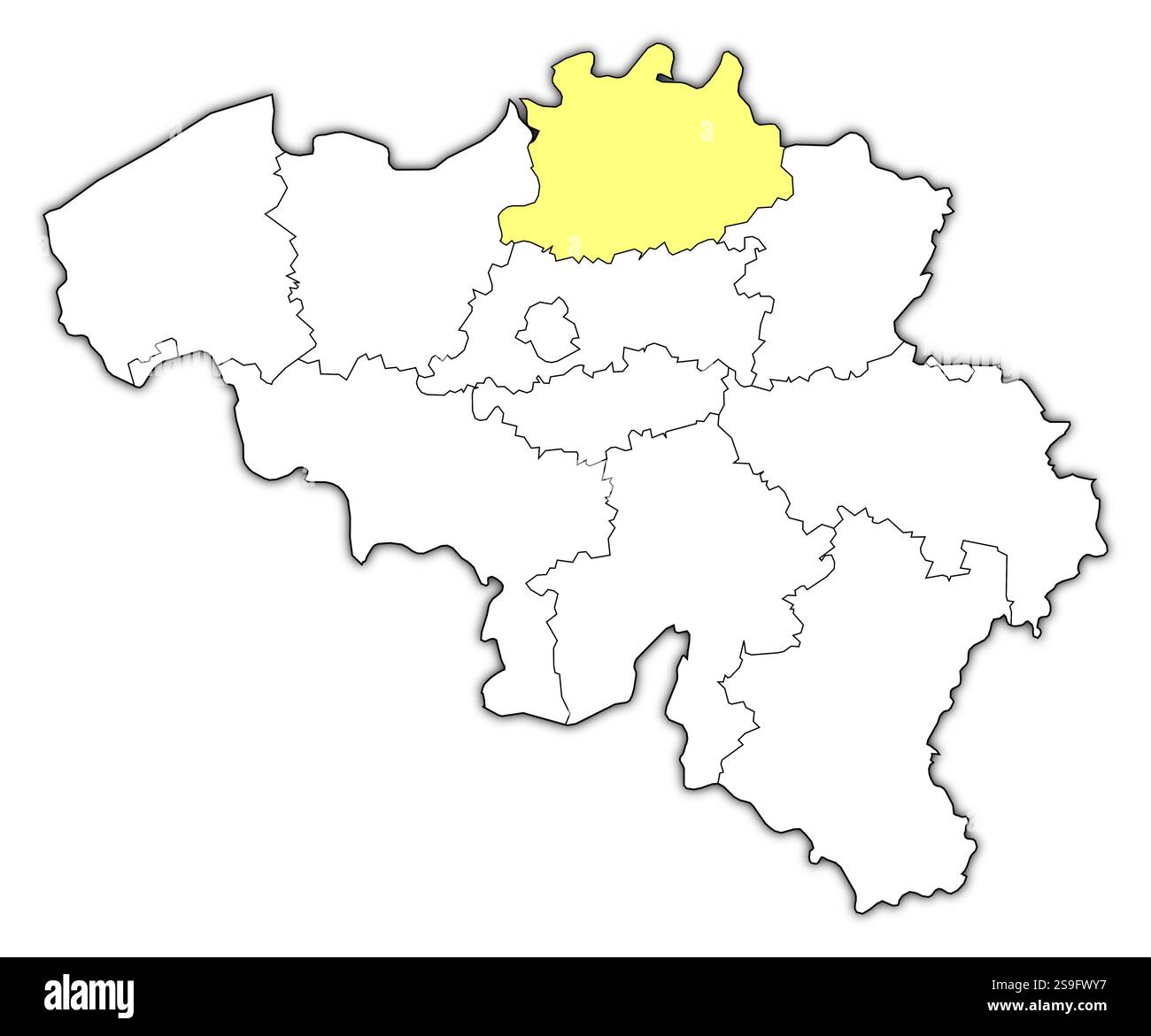 Carte de la Belgique avec les provinces, Anvers est surligné en jaune. Illustration de Vecteur