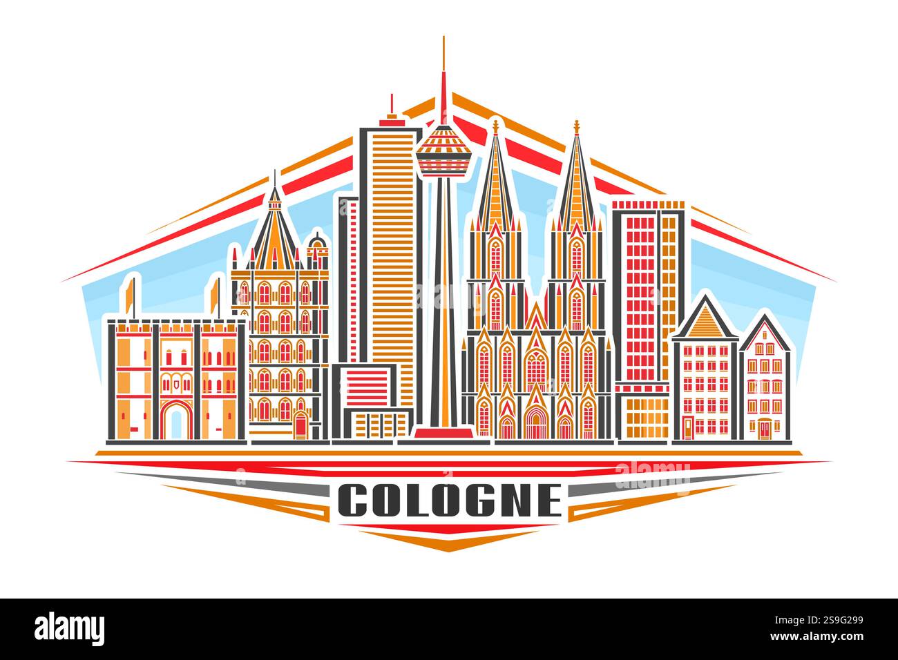 Illustration vectorielle de Cologne, signe horizontal avec design linéaire célèbre paysage de ville historique de cologne sur fond de ciel de jour, art de ligne urbain européen c Illustration de Vecteur