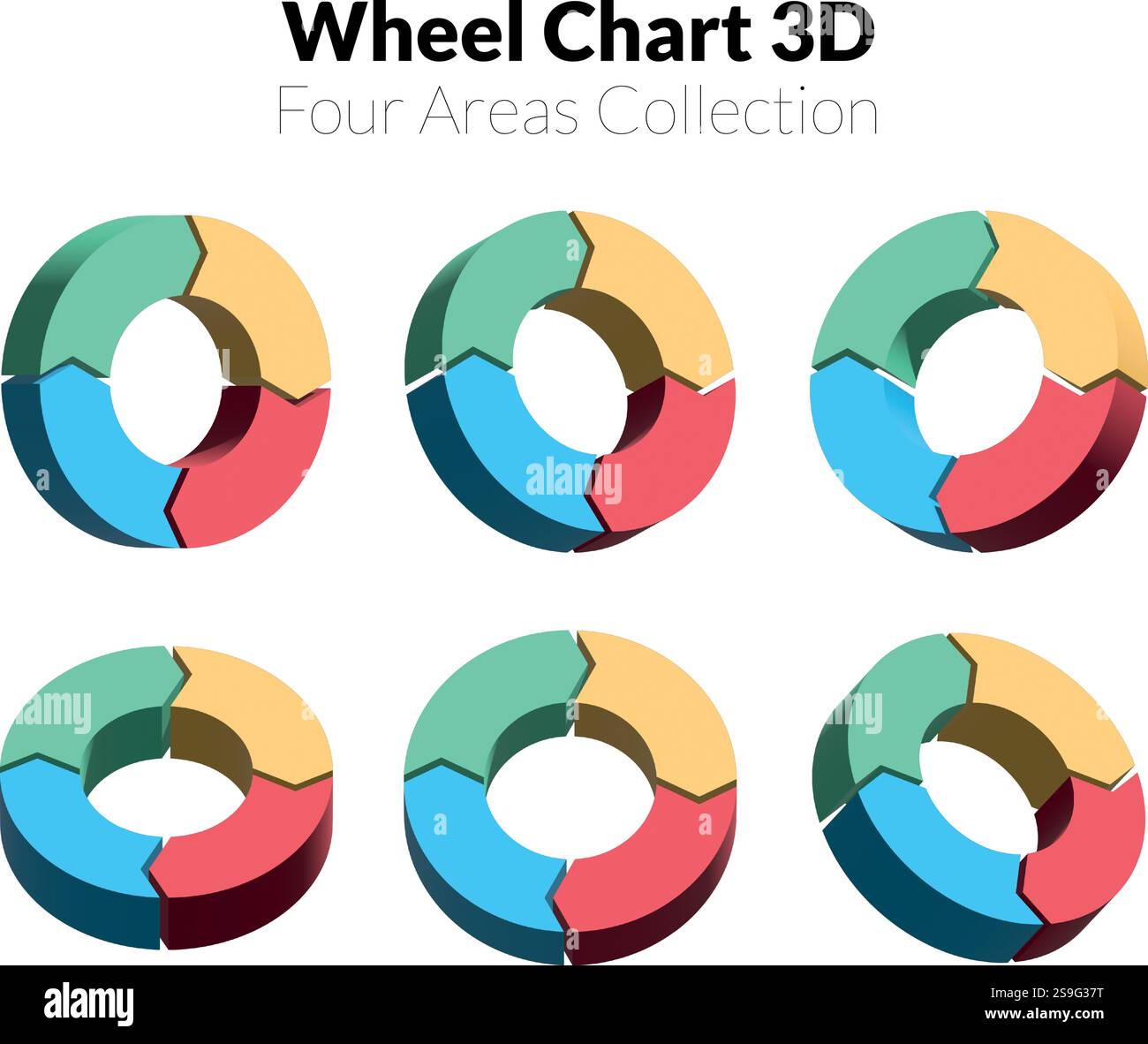 Graphique à roues 3D avec des segments verts, jaunes, bleus et rouges représentant des catégories de données de différentes perspectives Illustration de Vecteur