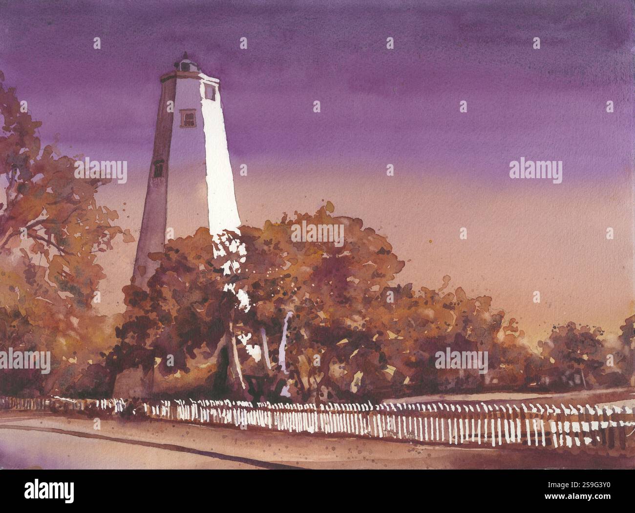 Bald Head Island Lighthouse coucher de soleil paysage aquarelle Outer Banks Caroline du Nord Banque D'Images