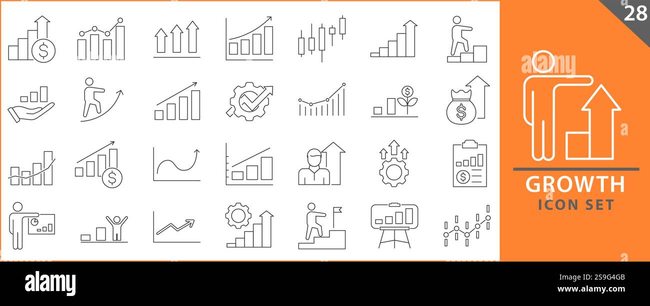 Jeu d'icônes de croissance. Contenant performance, gain, amélioration, croissance, graphique, icônes d'augmentation, d'évolution et de développement. Définir la collection d'icônes. Vecteur illust Illustration de Vecteur