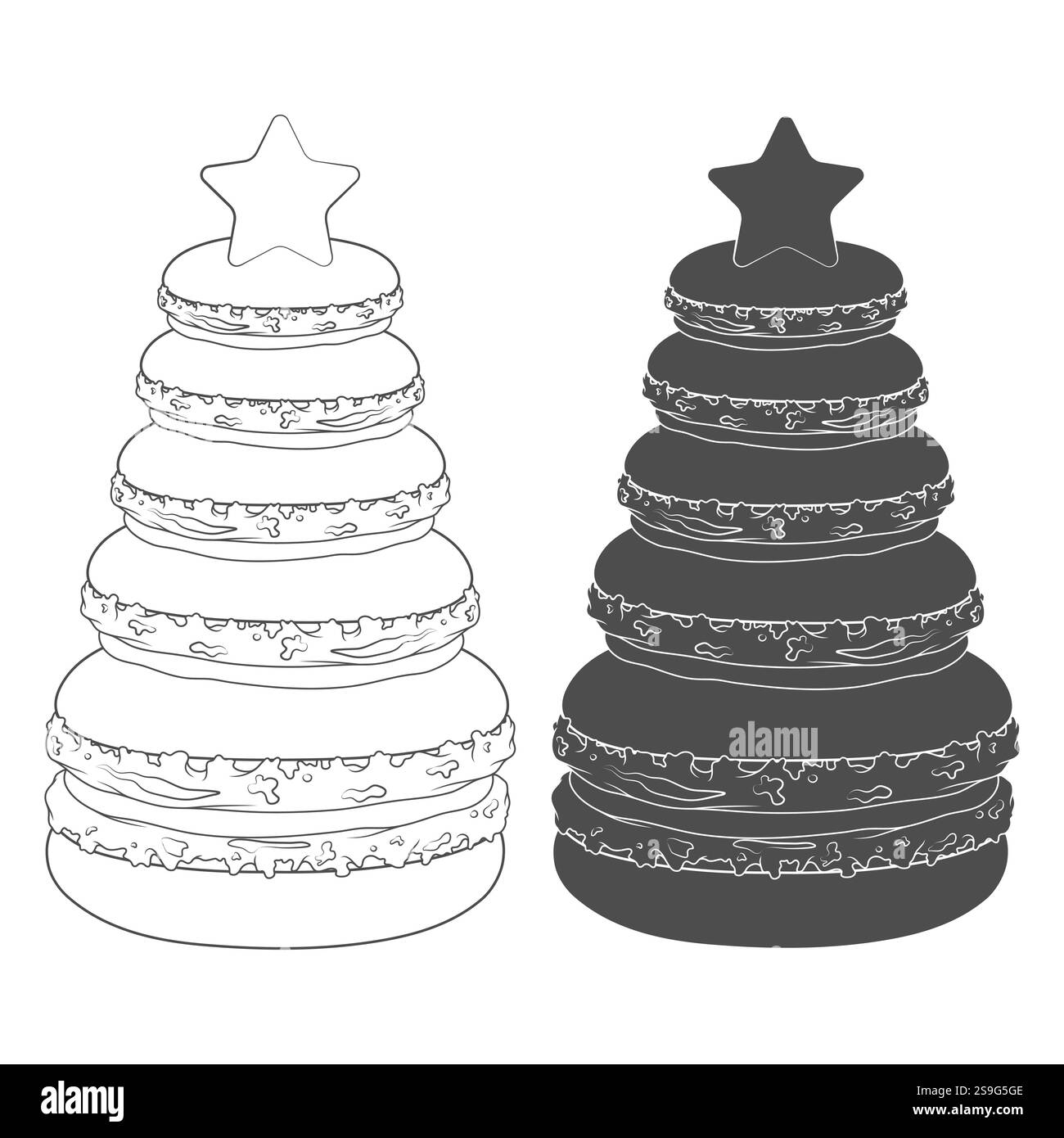 Ensemble d'illustrations en noir et blanc avec sapin de Noël fait de macarons de dessert. Objets vectoriels isolés. Illustration de Vecteur