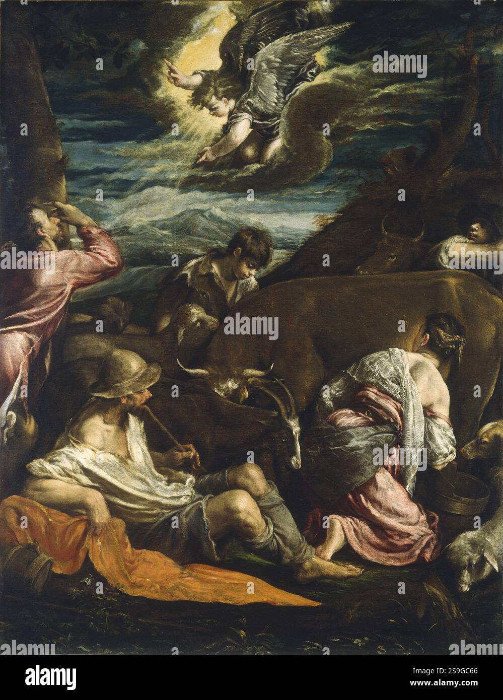'Jacopo Bassano, L'Annonciation aux bergers, probablement 1555/1560, huile sur toile, total : 106,1 x 82,6 cm (41 3/4 x 32 1/2 po.) Encadré : 131 x 106,7 x 10,6 cm (51 9/16 x 42 x 4 3/16 po), Collection Samuel H. Kress, 1939,1,126' Banque D'Images