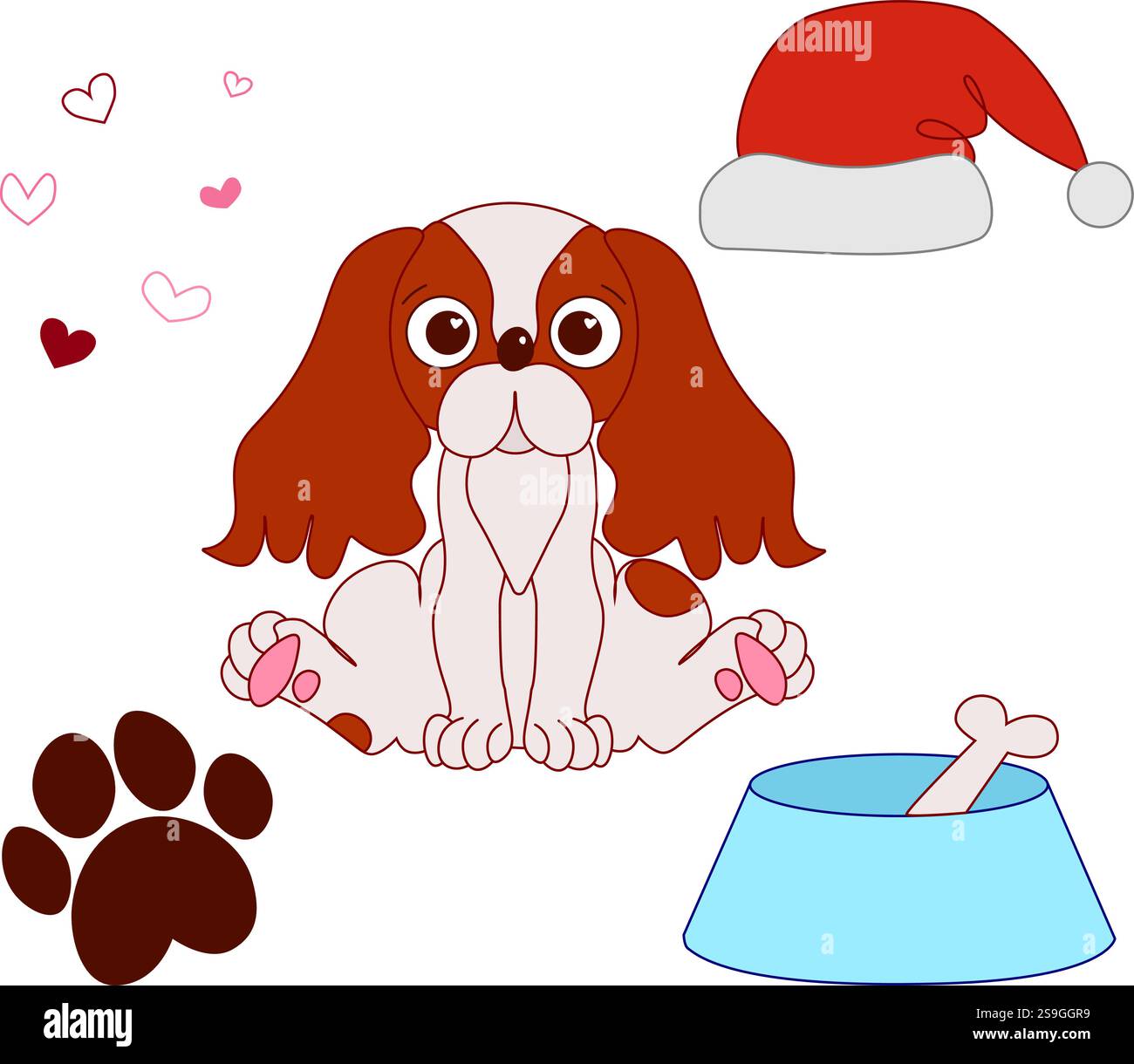 Chien Cavalier roi charles Spaniel chiot isolé Vector Set. Illustrations de ligne graphique de dessin animé drôle Purebred Puppy avec des accessoires dans un style plat. Illustration de Vecteur