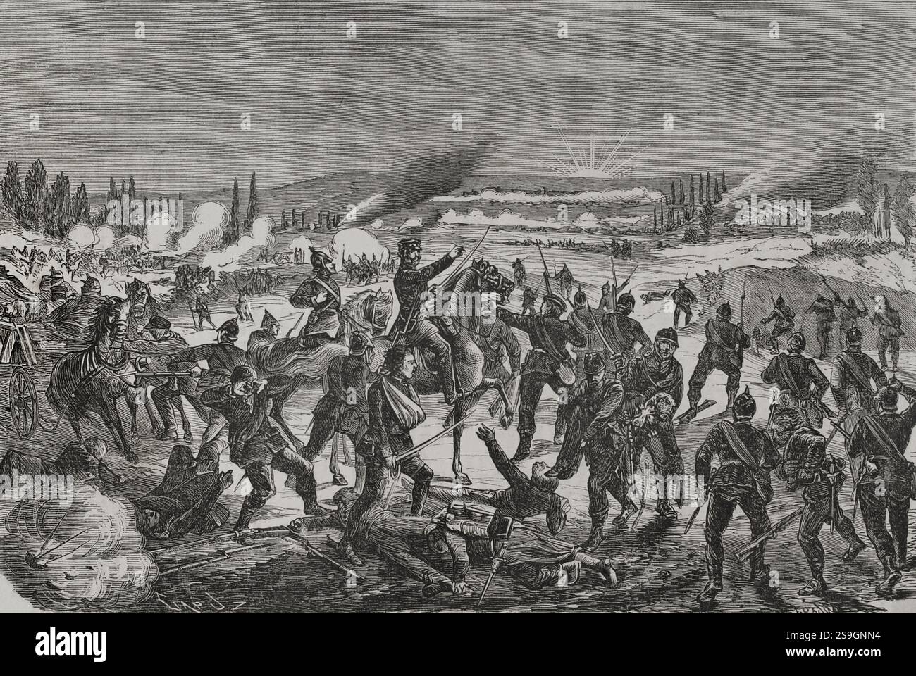 Guerre franco-prussienne (1870-1871). Bataille de Noisseville (31 août 1870). Les troupes prussiennes dirigées par le prince Frédéric Charles (1828-1885) ont vaincu les forces françaises sous les ordres du maréchal François Achille Bazaine (1811-1888). Les Français furent forcés de se retirer à Metz. Gravure par Capuz. Historia de la Guerra de Francia y Prusia (histoire de la guerre entre la France et la Prusse). Volume I. publié à Barcelone, 1870. Auteur : Tomás Carlos Capuz (1834-1899). Graveur espagnol. Banque D'Images