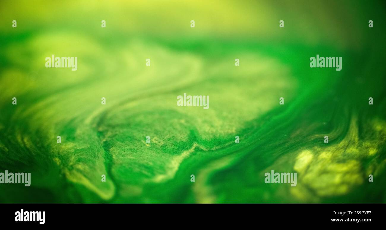 Éclaboussures de néon. Brouiller le nuage de brouillard. Flou jaune vert éclatant mélange d'encre diffusant tourbillon fond d'art abstrait. Banque D'Images