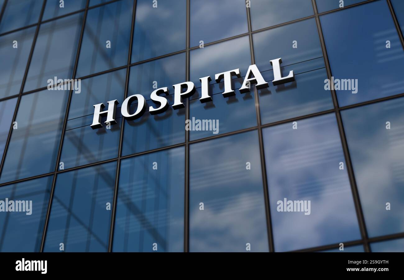 Concept de construction en verre d'hôpital. Symbole d'urgence médicale de santé sur l'illustration 3d de façade avant. Banque D'Images