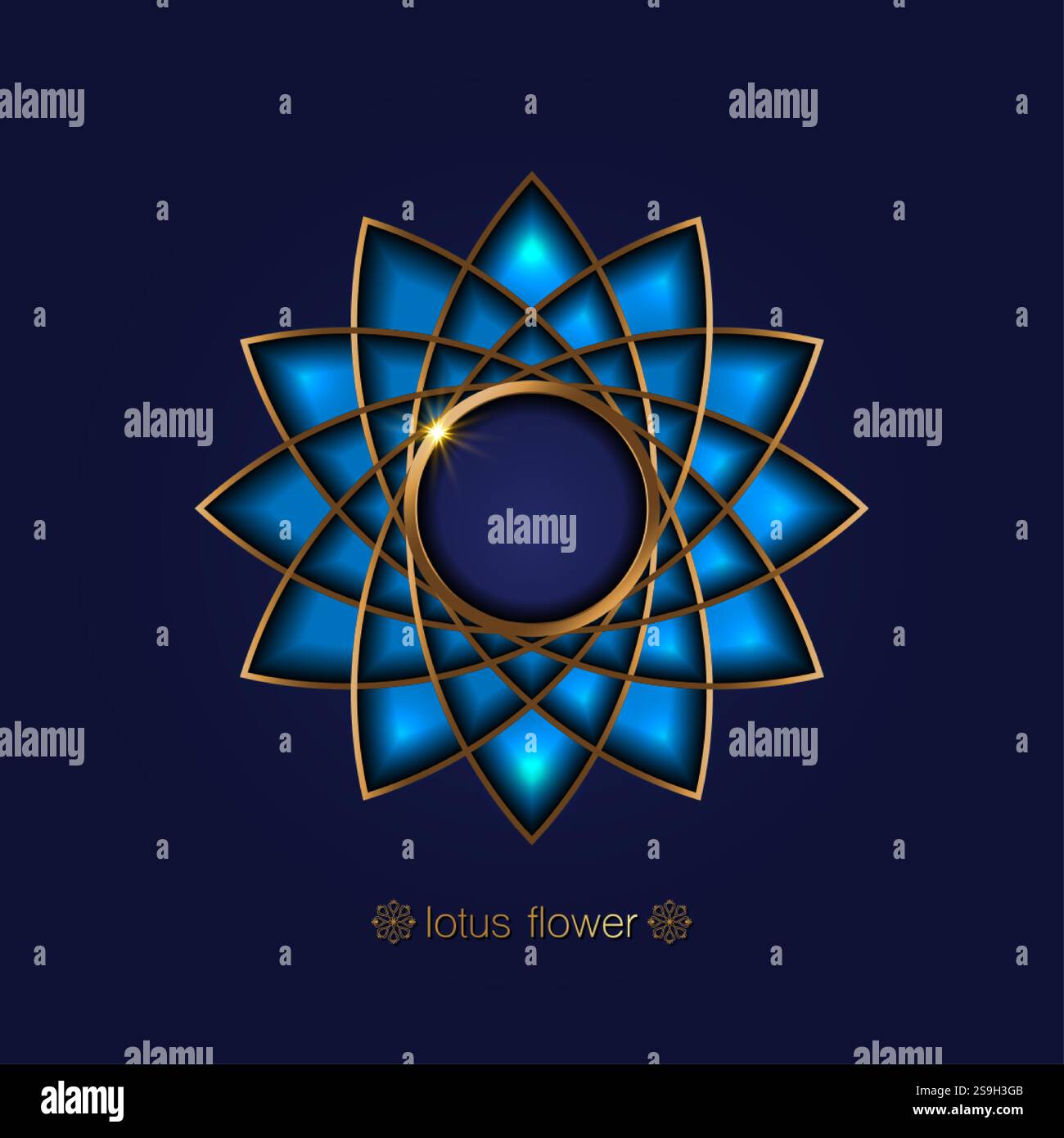 Fleur de Lotus doré, mandala bleu à géométrie sacrée, ornement circulaire stylisé, ligne or, logo floral. Fleurs symboles de yoga, spa, beauté Illustration de Vecteur