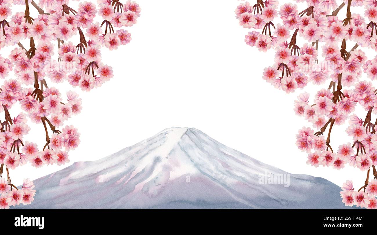Branches avec des fleurs roses de sakura en fleurs sur le fond blanc du paysage du mont Fuji du festival japonais Hanami. Drawin botanique Banque D'Images