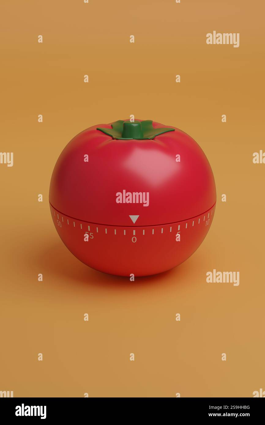 Minuterie de cuisine en forme de tomate isolée sur fond orange. Concept technique Pomodoro. illustration 3d. Banque D'Images