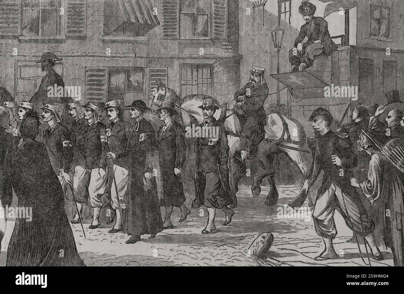 Guerre franco-prussienne (1870-1871). France. Le corps d'ambulance de presse français passant par Reims. Gravure. Historia de la Guerra de Francia y Prusia (histoire de la guerre entre la France et la Prusse). Volume I. publié à Barcelone, 1870. Banque D'Images