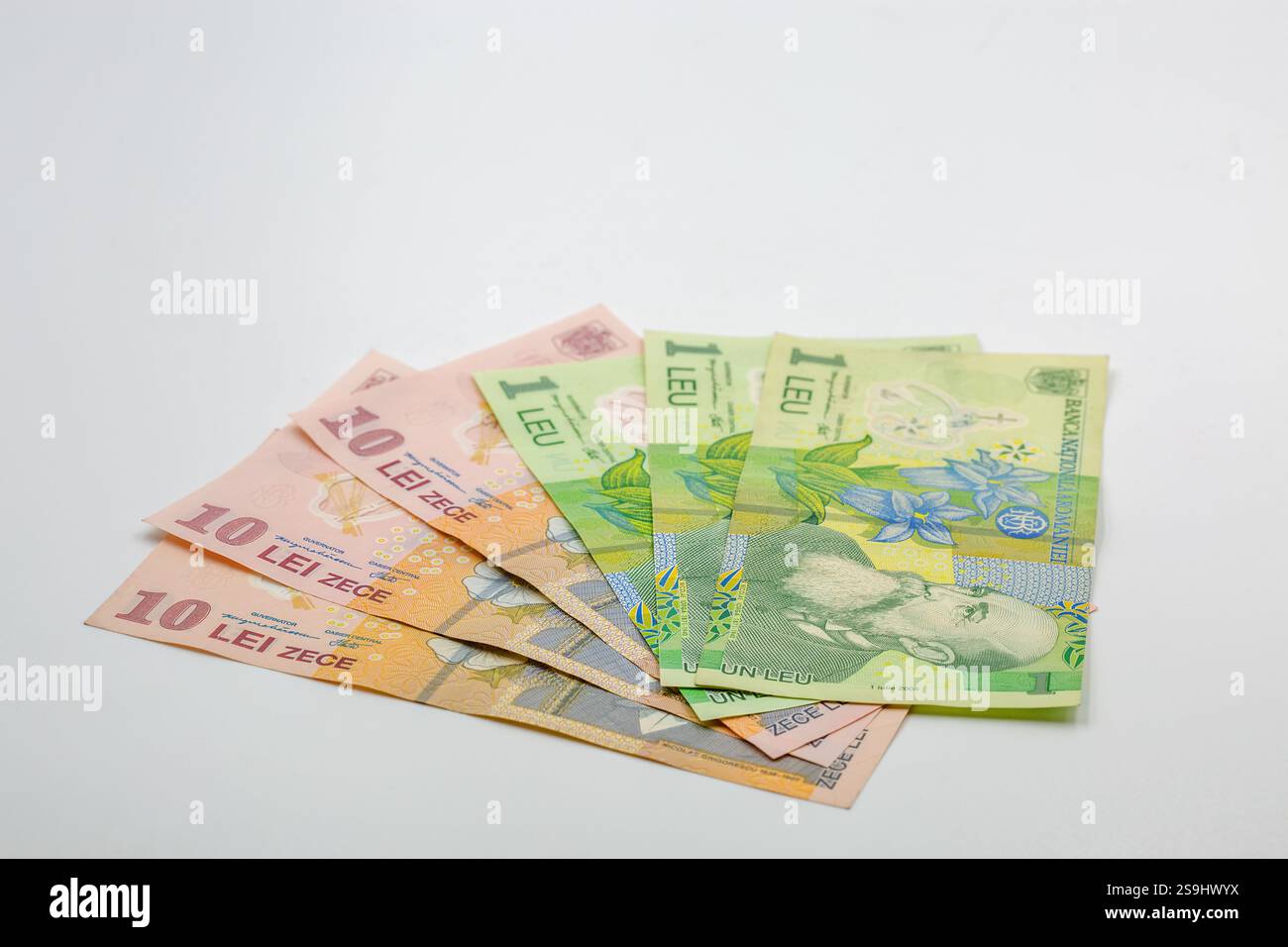 Studio Shoot de différents billets de banque de Roumanie argent closeup sur blanc. Banque D'Images