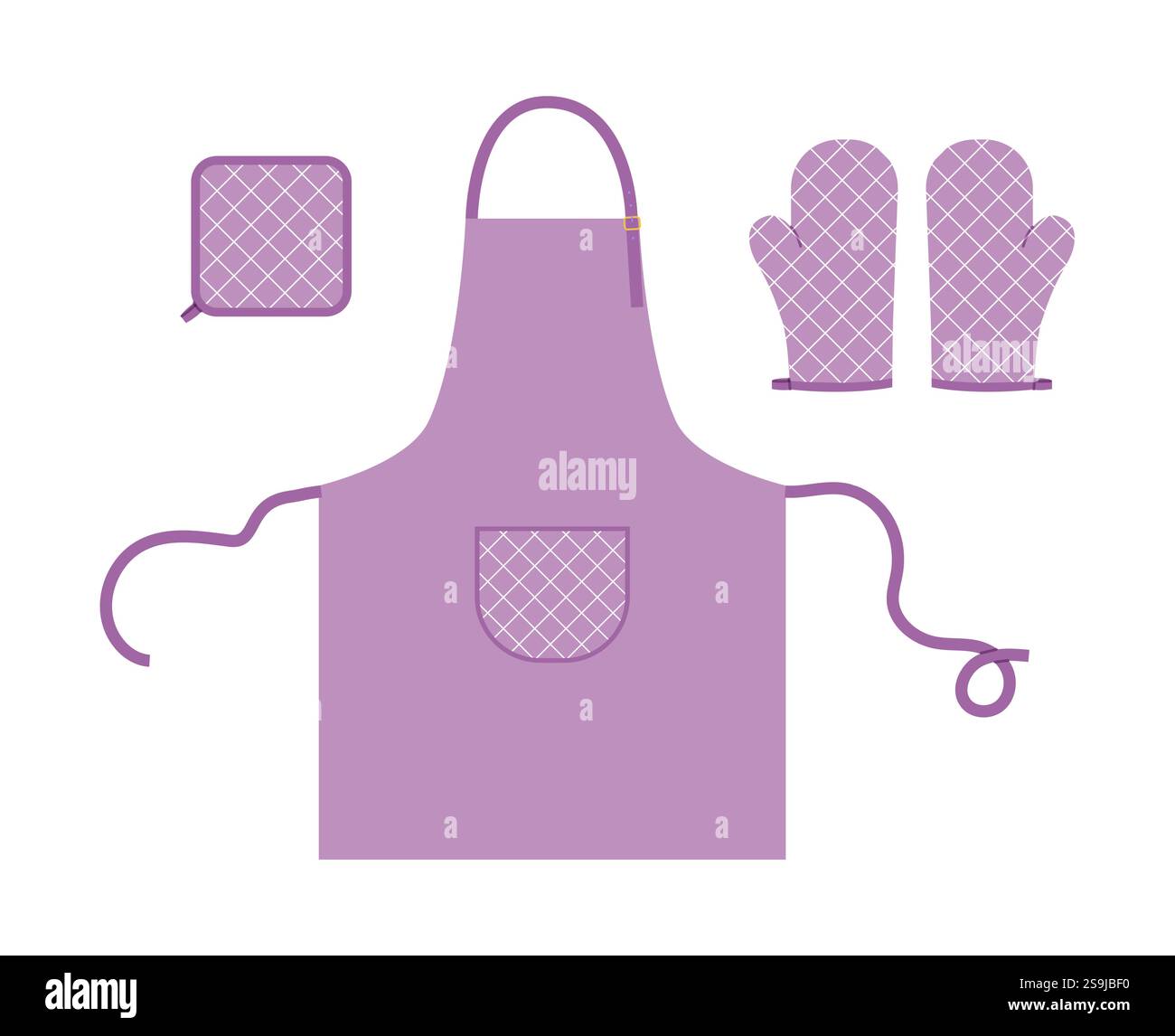 Ensemble de tabliers, gants de four et potholder mode violet dessin animé fenêtre tartan motif motif main accessoire vêtements illustration technique vêtement. Vecteur pour hommes femmes, style unisexe plat sur blanc Illustration de Vecteur