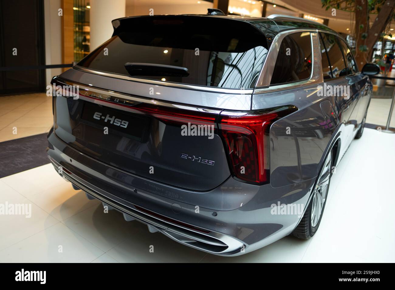 Silver Hongqi E-HS9 électrique pleine grandeur SUV de luxe, vue arrière de la marque chinoise Hongqi dans Studio, transport zéro émission, innovation de voiture électrique, FR Banque D'Images