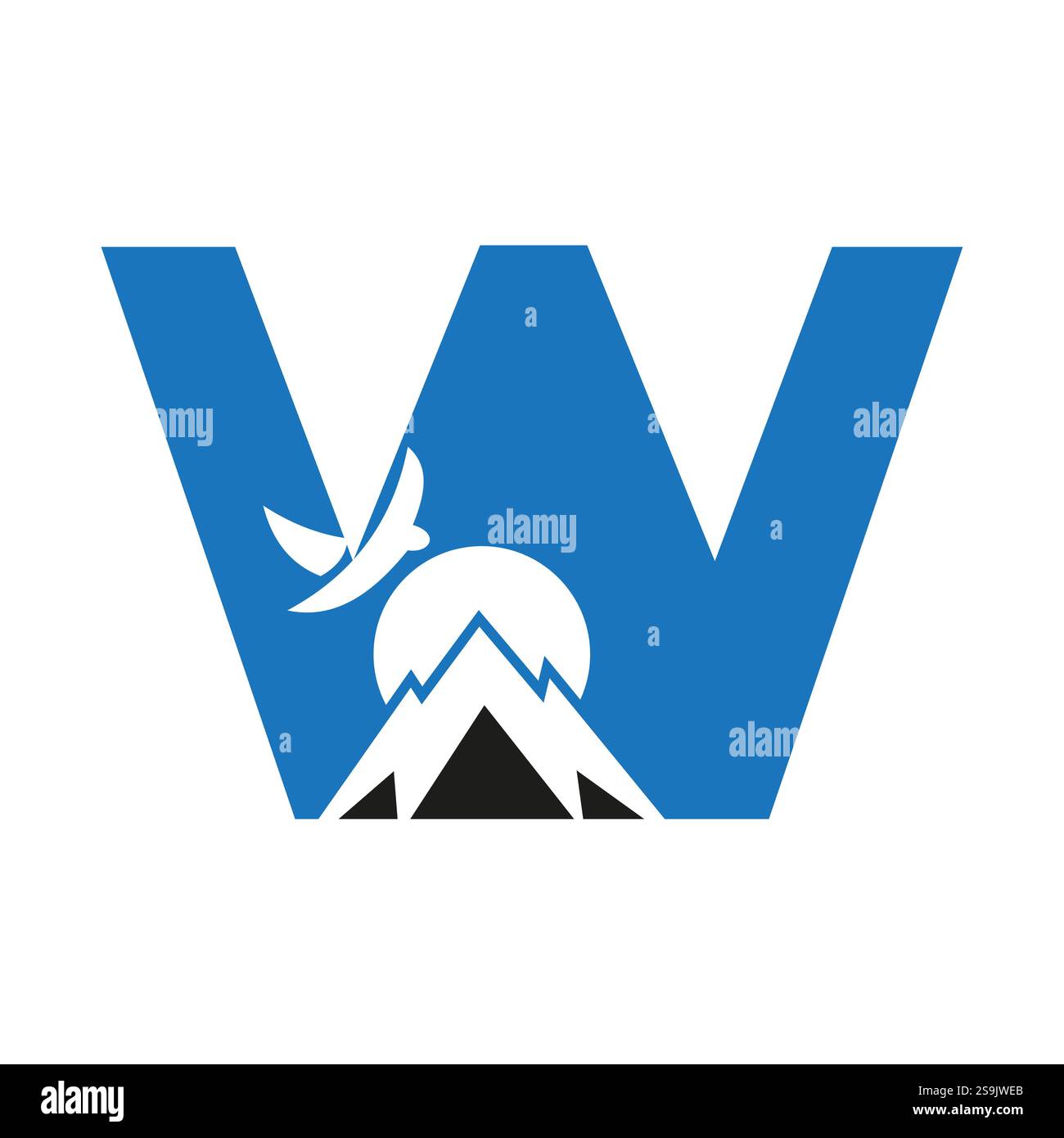 Lettre de monogramme initiale W concept de logo de vacances avec monture, soleil et symbole d'oiseau. Logotype de voyage Illustration de Vecteur
