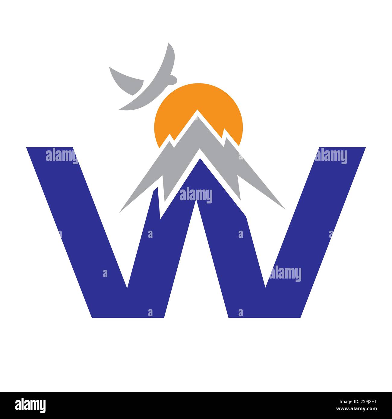 Lettre de monogramme initiale W concept de logo de vacances avec monture, soleil et symbole d'oiseau. Logotype de voyage Illustration de Vecteur