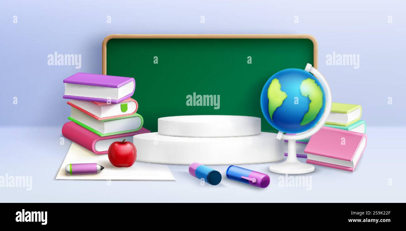 Scène 3D de l'école avec podium blanc circulaire, livres éducatifs empilés, pomme rouge vif, modèle globe, marqueurs et stylos colorés, tableau vert et Illustration de Vecteur