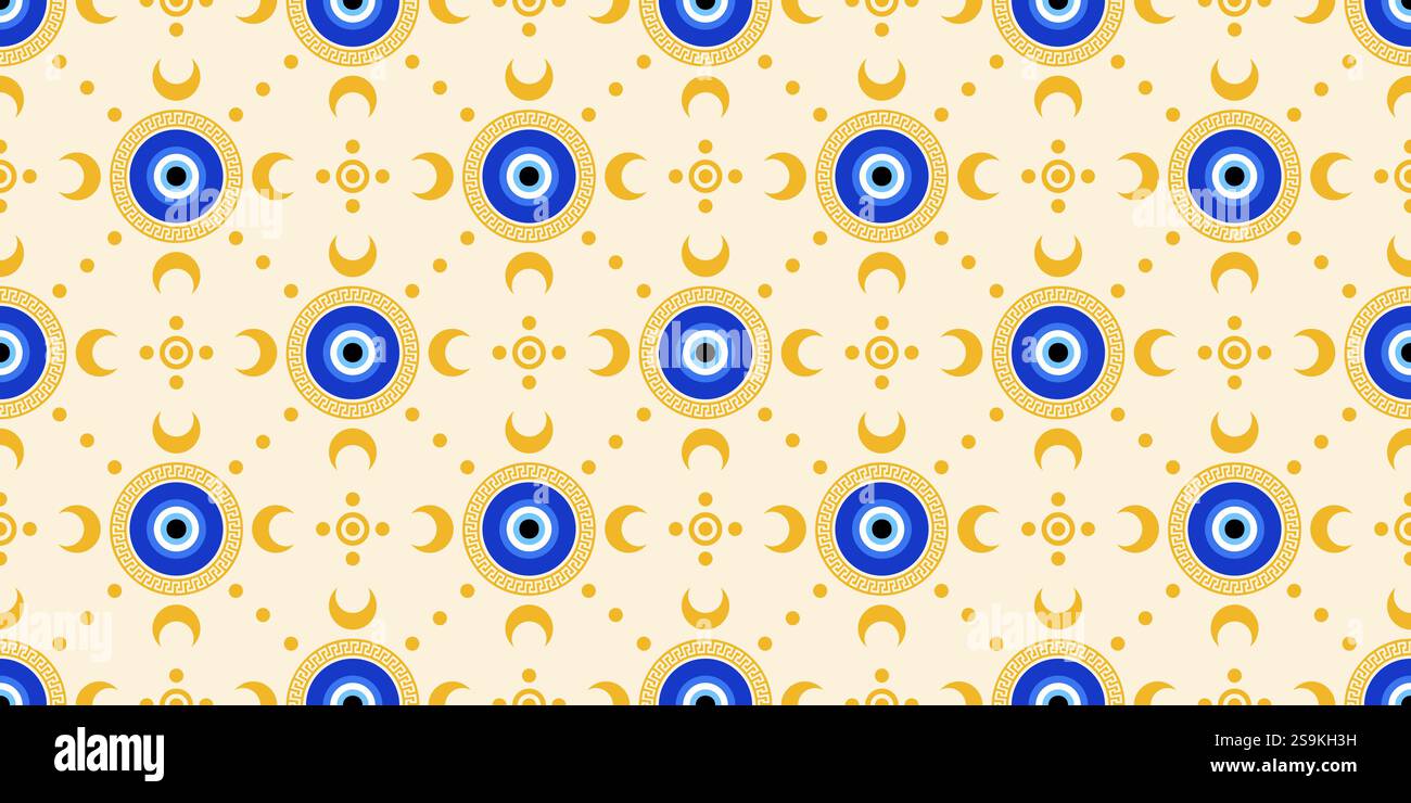 Motif grec mauvais œil. Fond vectoriel turc sans couture avec des perles bleues. Magic nazar - symbole abstrait de protection et de chance. Illustration avec Illustration de Vecteur
