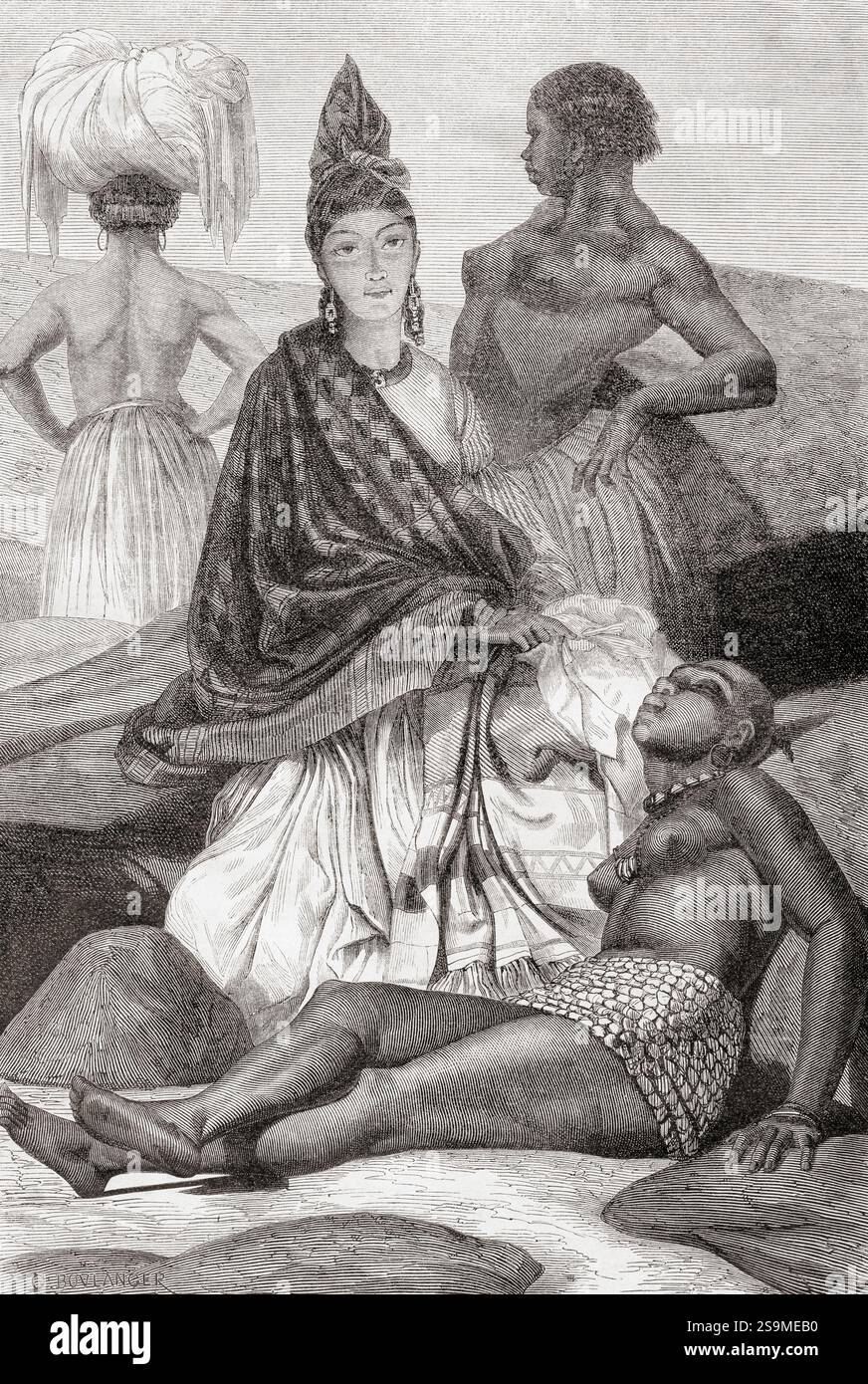 Une femme sénégalaise Signare, noire ou mulâtre et des négrés de Saint Louis baignant dans la mer, XIXe siècle. Signares a acquis de l'influence par leur mariage avec les hommes européens et leur patrimoine. Tiré du Tour du monde, publié en 1861. Banque D'Images