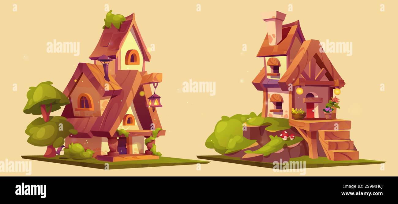 Jeu Asset plate-forme ensemble de maisons de chalet fantasy - logements en bois avec des lanternes incandescentes, des champignons et une végétation luxuriante. Structures fantaisistes de conte de fées pour la conception d'un environnement forestier enchanté. Illustration de Vecteur