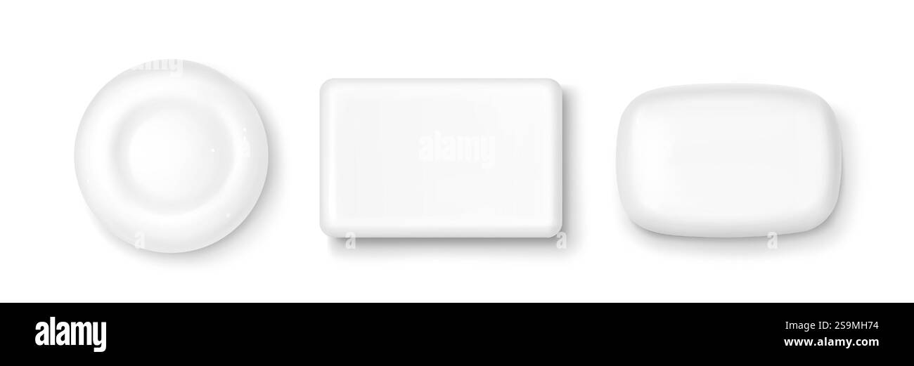 Pain de savon collection 3D de formes rondes et rectangulaires. Nettoyez les objets hygiéniques blancs avec une surface lisse et des ombres douces. Set d'accessoires de salle de bain minimaliste pour la marque cosmétique et soins du corps. Illustration de Vecteur