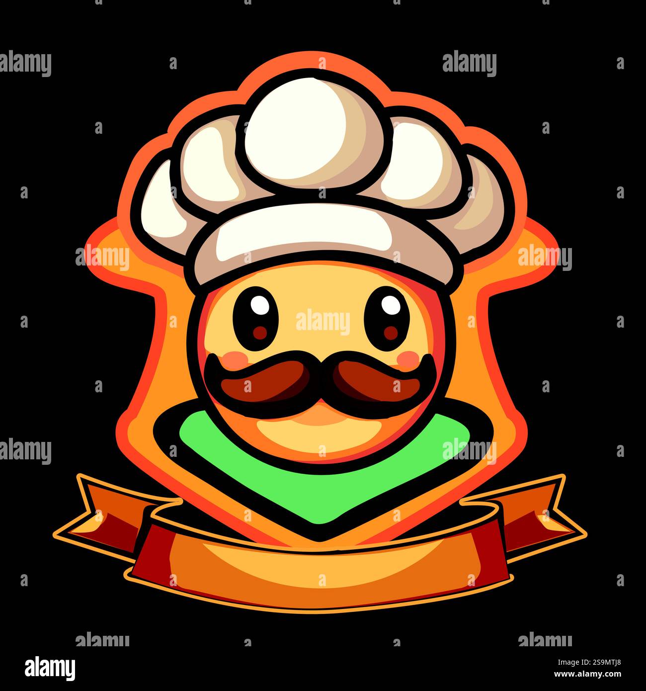Un logo de cuisine vibrant et charmant avec un caractère souriant avec un chapeau de chef, une moustache épaisse, symbolisant le savoir-faire culinaire. Illustration de Vecteur