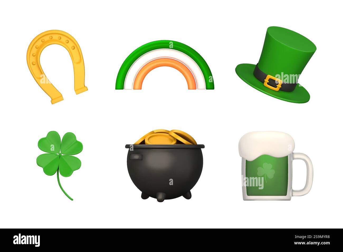 Patrick élabore des éléments décoratifs Day. Symboles de bonne chance dans un style réaliste 3D. Trèfle, pot d'argent, chapeau de leprechaun, bière, fer à cheval, arc-en-ciel. Vecteur Illustration de Vecteur