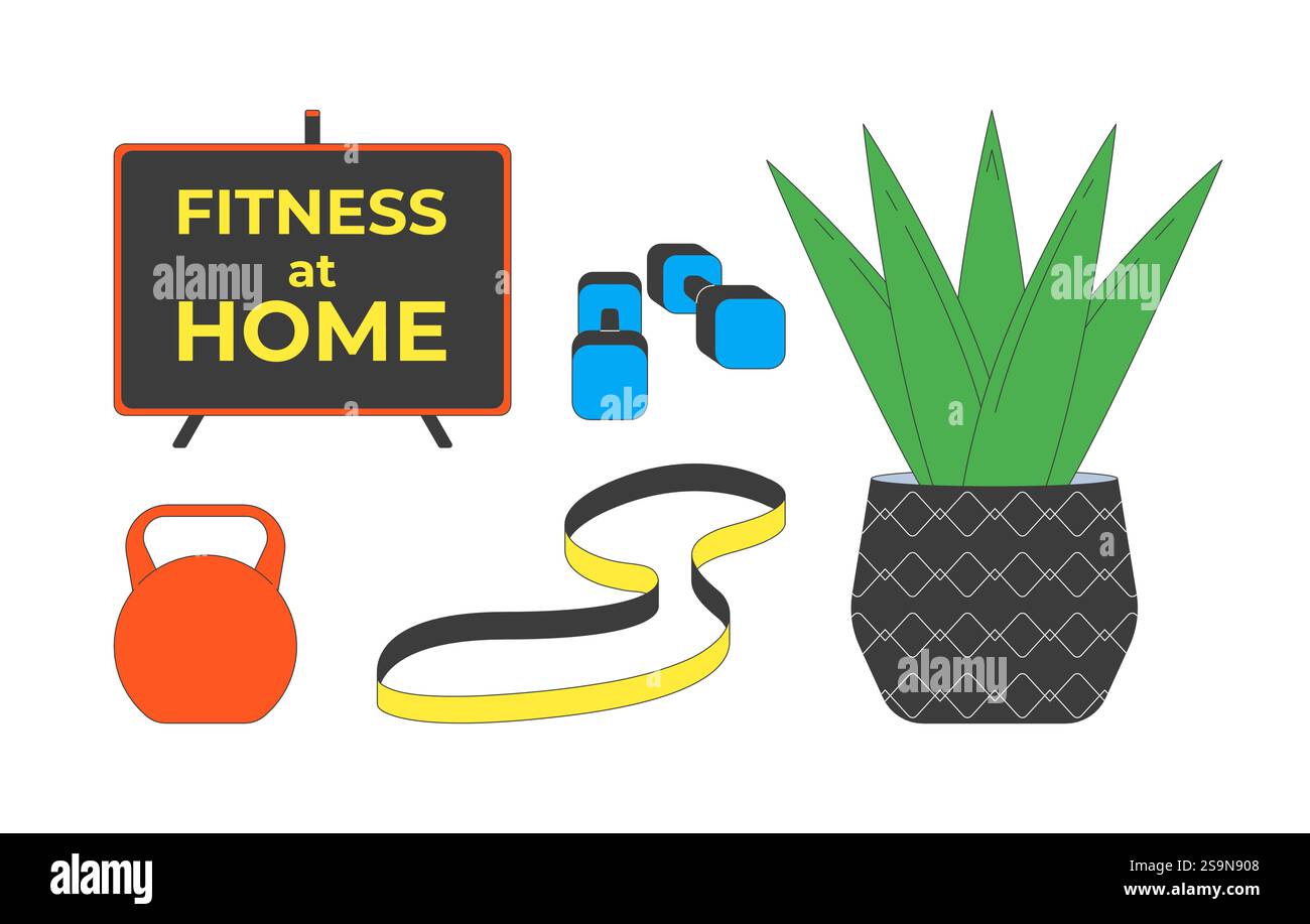 Fitness à la maison accessoires 2D objets de dessin animé ensemble Illustration de Vecteur