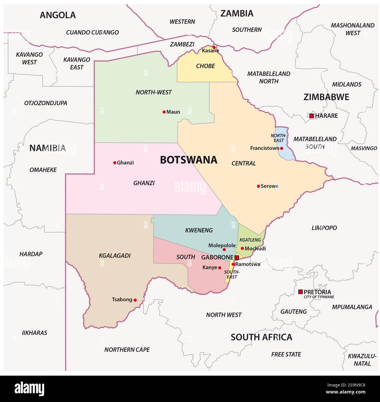 Carte vectorielle administrative de la République du Botswana Banque D'Images