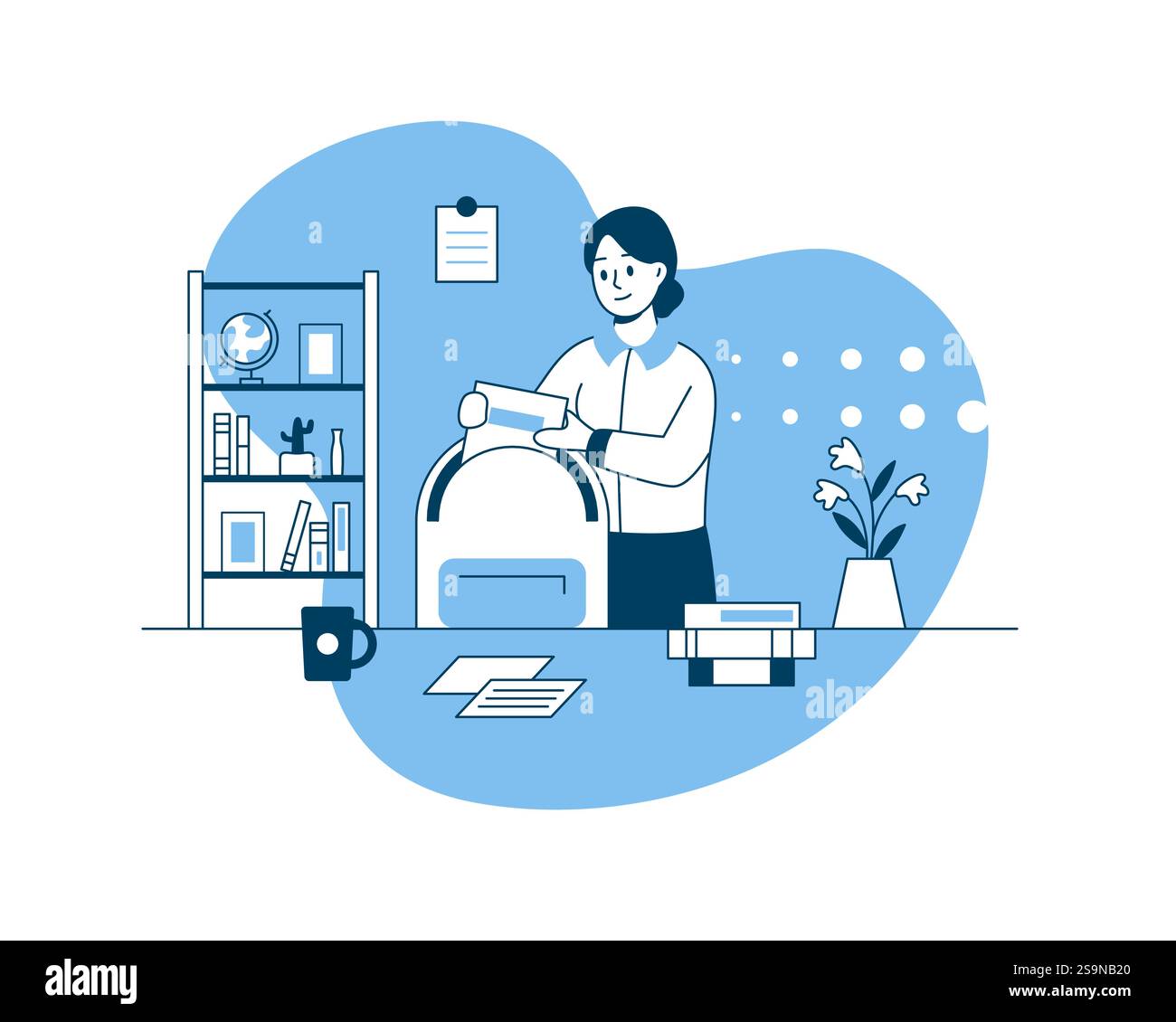Illustration vectorielle montrant une fille en uniforme scolaire qui fait son sac à dos avant d'aller à l'école. La routine matinale des écoliers Illustration de Vecteur