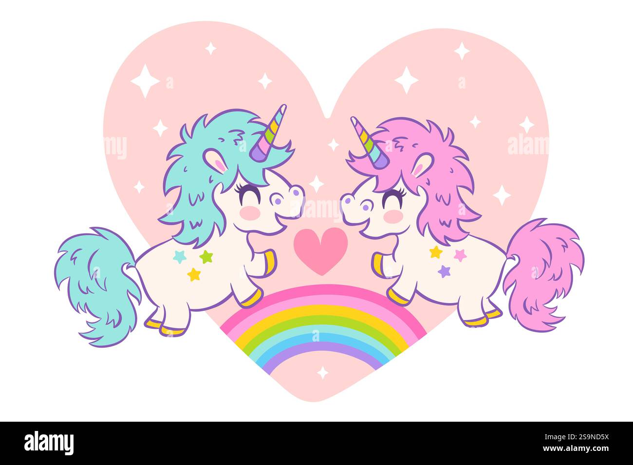 Carte de vœux vectorielle avec de mignons monocornes dans le style kawaii. Carte vectorielle mignon unicorns pour la Saint-Valentin. Illustration de Vecteur
