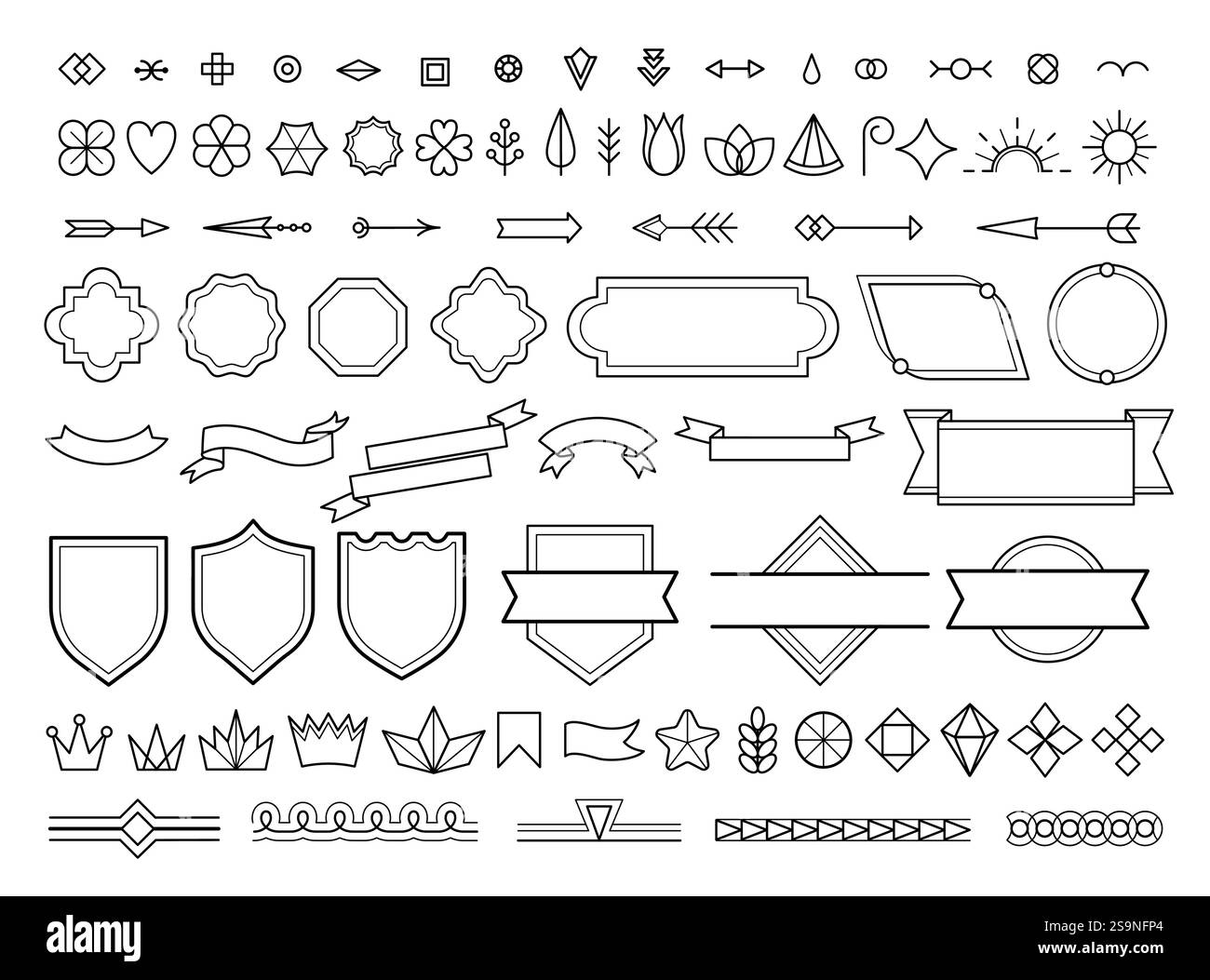 Lignes décoratives emblème vintage. Cadres de badge rétro avec ruban et flèches, bordures géométriques simples classiques pour la conception du logo. Ensemble isolé de vecteur Illustration de Vecteur