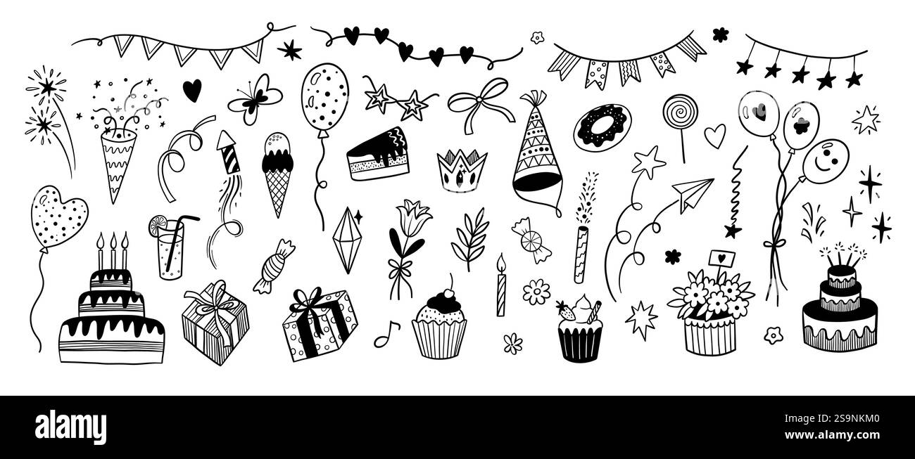 Icônes Doodle anniversaire. Dessins animés noirs éléments d'esquisse pour carte d'invitation de fête d'enfant, ballons de ligne mignonne cadeaux bougies de gâteau. Ensemble de contours vectoriels Illustration de Vecteur