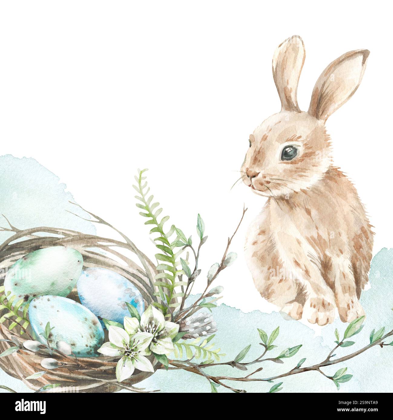 Composition d'aquarelle de Pâques avec lapin, nid, oeufs, fleurs d'hellebore et feuilles de fougères. Banque D'Images