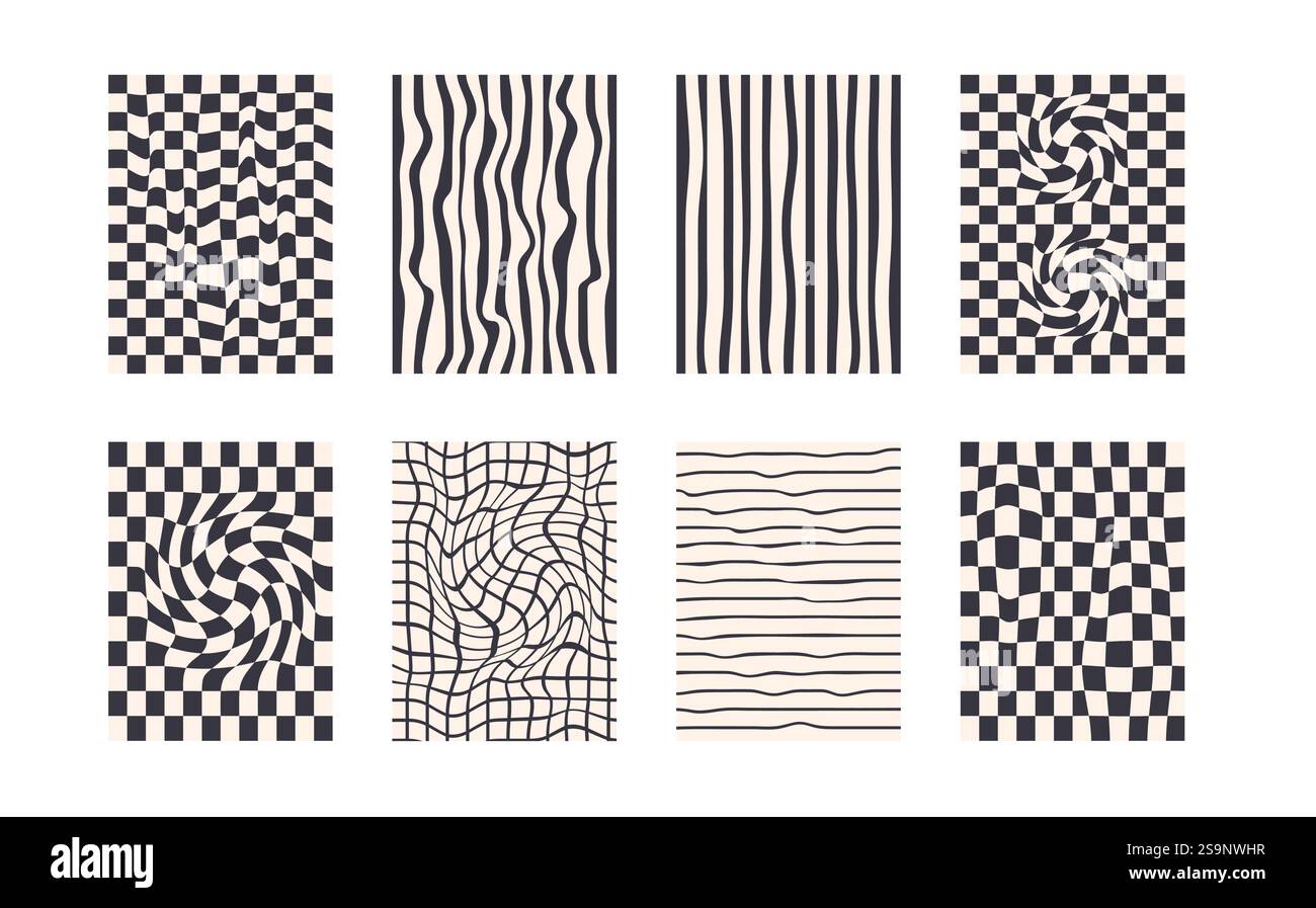 Ensemble de motifs en damier groovy. Pack de fond de Checker psychédélique. Textures d'échecs rétro y2k déformées. Modèles de conception d'affiches abstraites funky. Vect Illustration de Vecteur
