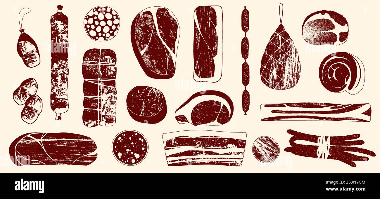 Croquis de produits carnés. Bœuf de boucherie dessiné à la main, steaks de porc et de poulet, saucisses et jambon, mouton et agneau, cuisine gastronomique, concept de boucherie. Vecteur Illustration de Vecteur