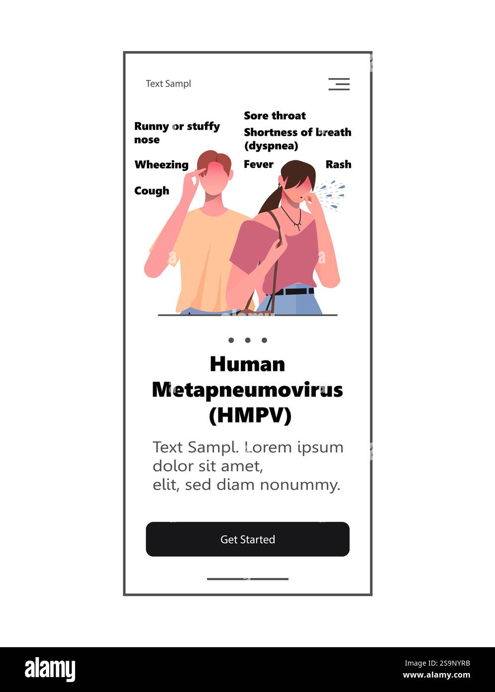 Métapneumovirus humain (HMPV). Les jeunes hommes et femmes présentant des symptômes du métapneumovirus humain incluent toux, fièvre, maux de gorge, nez qui coule ou bouché. Web Banque D'Images