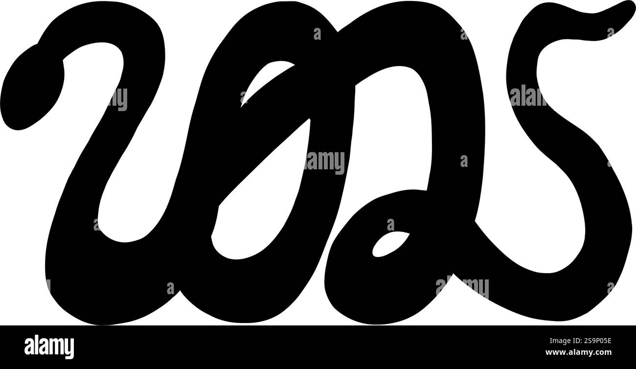 Silhouette noire de serpent en forme de vecteur de 2025 ans illustration dessinée à la main. Symbole du nouvel an chinois. Elément peint pour icône, logo ou design Illustration de Vecteur