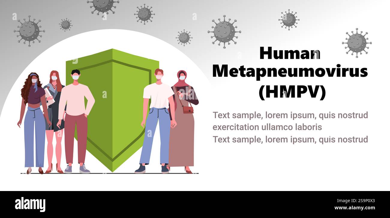 Métapneumovirus humain (HMPV). Bannière de protection avec bouclier et bactéries. Illustration d'un virus attaquant la bulle de sécurité immunitaire. Forte immunité protec Banque D'Images