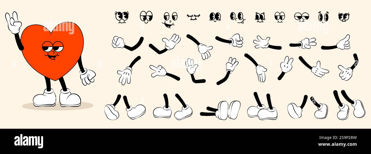Éléments de mascotte de dessin animé. Visage comique mignon avec des émotions drôles, personnage de mascotte rétro vintage avec bouche souriante et yeux heureux. Ensemble isolé de vecteur Illustration de Vecteur