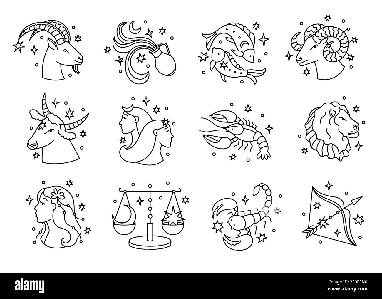 Signes mystiques du zodiaque. Symboles de cercle d'horoscope d'astrologie, icônes ésotériques lunaires mystiques pour l'impression de calendrier, constellation de lignes rondes astrologiques Illustration de Vecteur