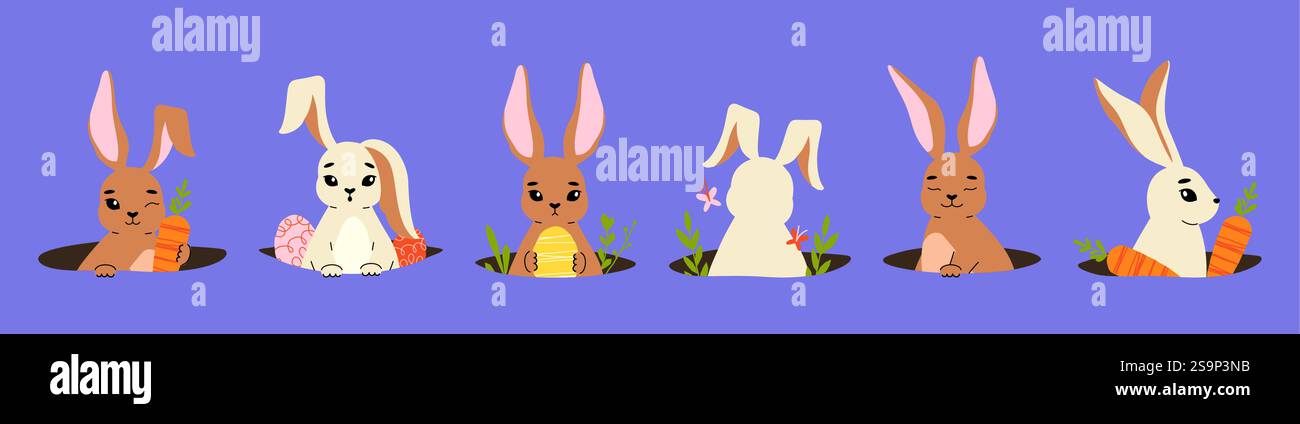 Lapin dans le trou. Lapin de dessin animé mignon avec de grandes oreilles cachées dans le sol, drôle de personnages de lapins sauvages de printemps jetant un coup d'œil hors du terrier. Vecteur Pâques Illustration de Vecteur