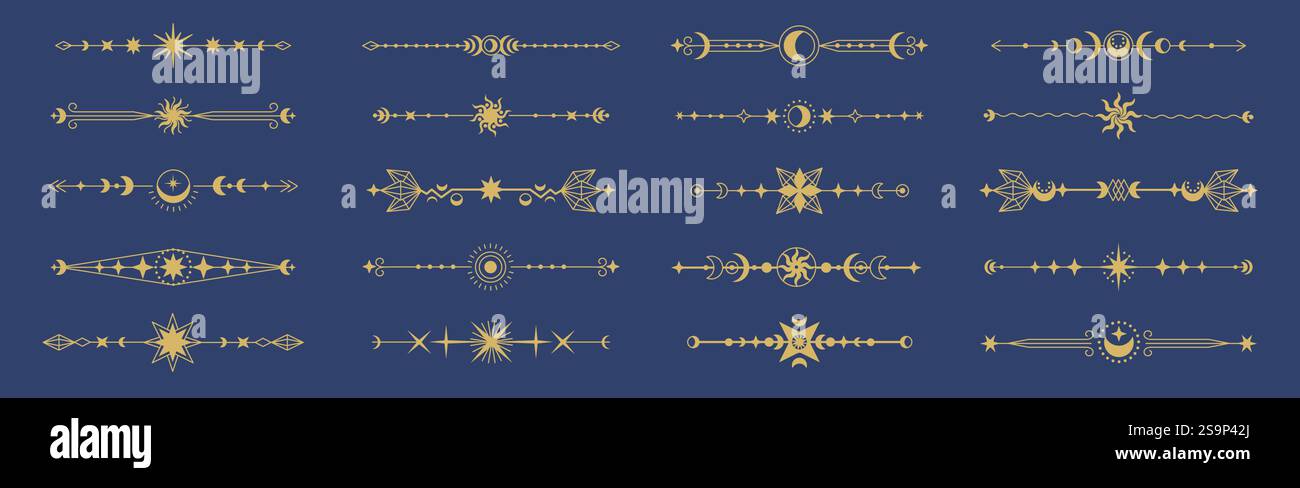Lignes de décoration mystique. Séparateur de cadre ornemental bordure de texte élégante minimaliste avec des accents floraux, séparateurs calligraphiques astrologiques ornés boho Illustration de Vecteur