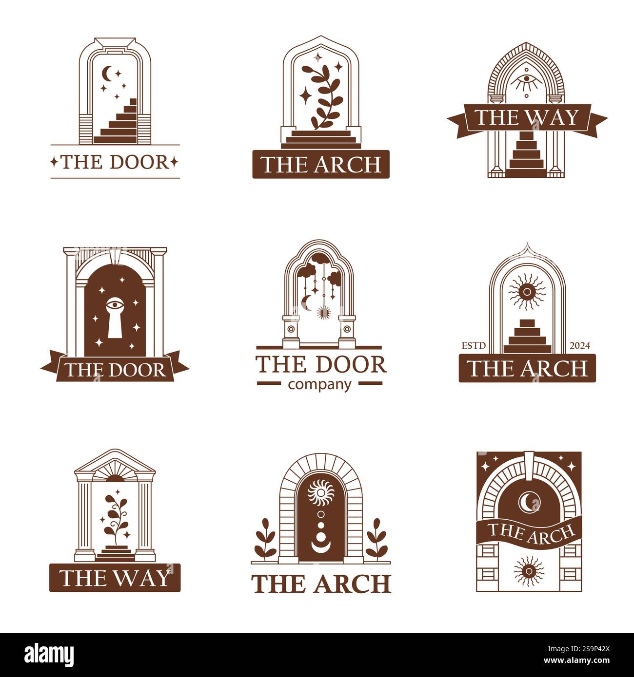 Logo de la porte arquée. Icônes d'entrée de porte de luxe à cadre linéaire, symboles de ligne classiques de portes à arc vintage avec symboles ésotériques spirituels mystiques boho. Vecteur Illustration de Vecteur
